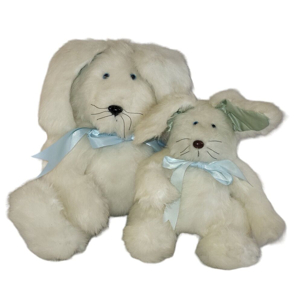 Handmade Plush Stuffed Lot 2 Bunny Rabbits White Green Blue Bow Dad Son Brothers